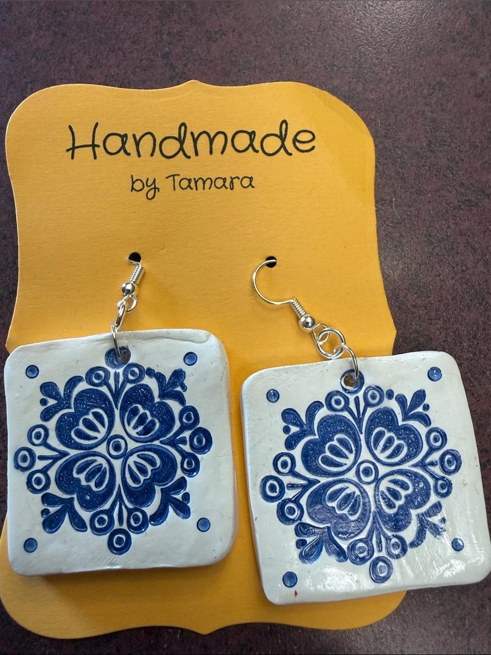 Handmade by Tamara White & Blue Ceramic Tile Earrings